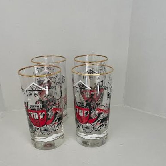 Set of 4 Vintage Drinkware LIBBEY Stagecoach Winter Scene Beverage  Glasses - Picture 1 of 11